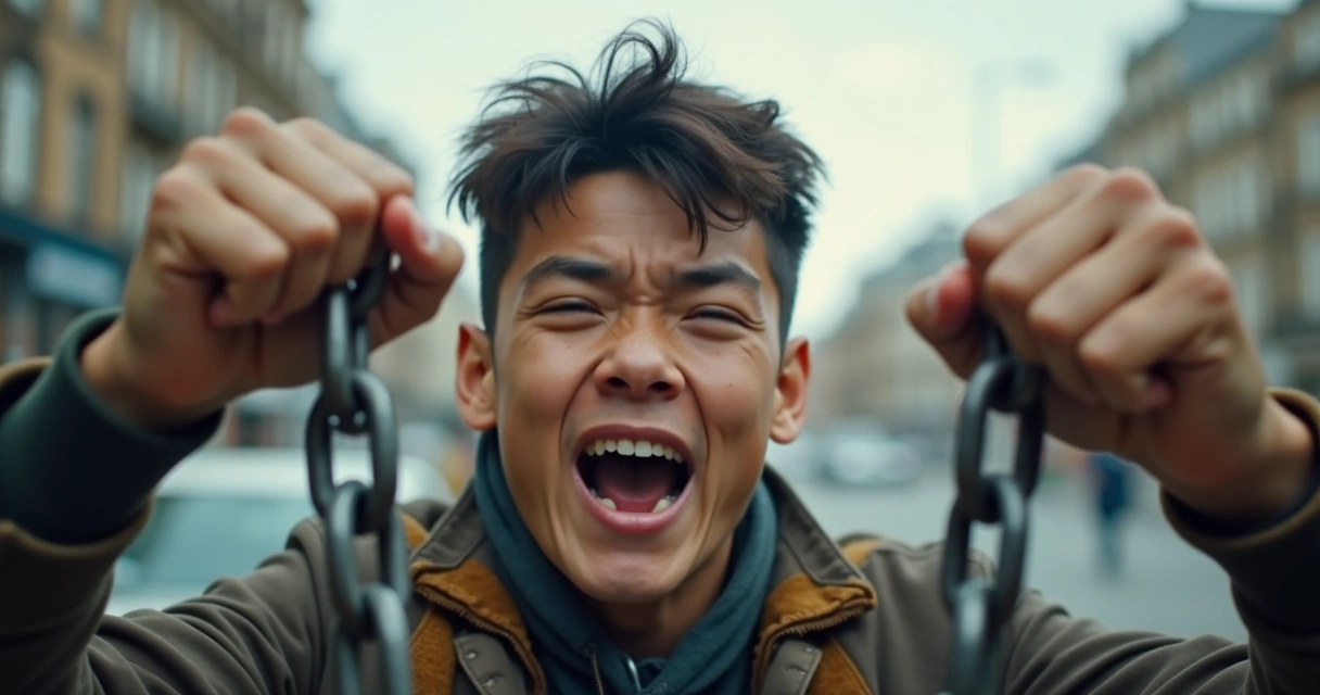 Jovem rompendo correntes com expressão de superação 