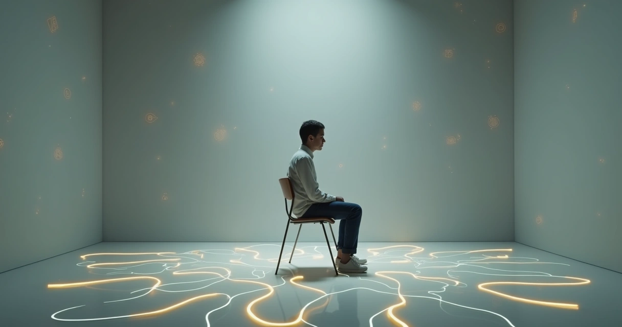 Jovem sentado em sala abstrata observando caminhos iluminados no chão 
