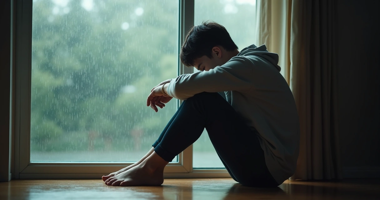 Jovem olha para janela com chuva do lado de dentro de casa 