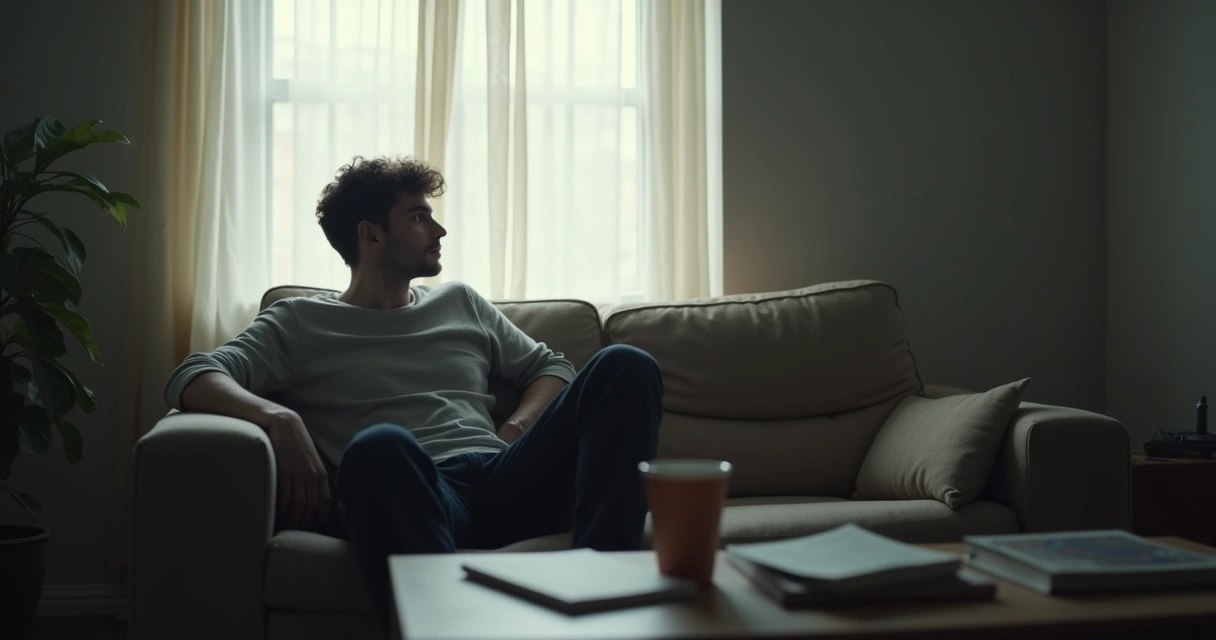 Jovem sentado sozinho no sofá olhando pela janela. 