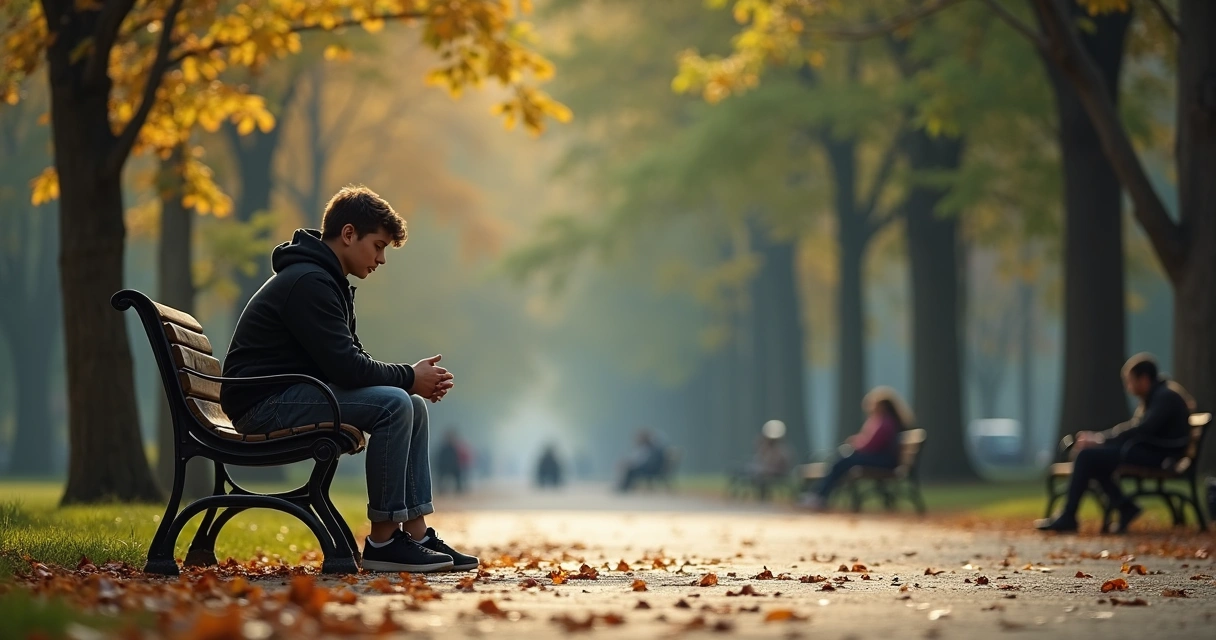 Jovem sentado em banco de praça fazendo pausa reflexiva 