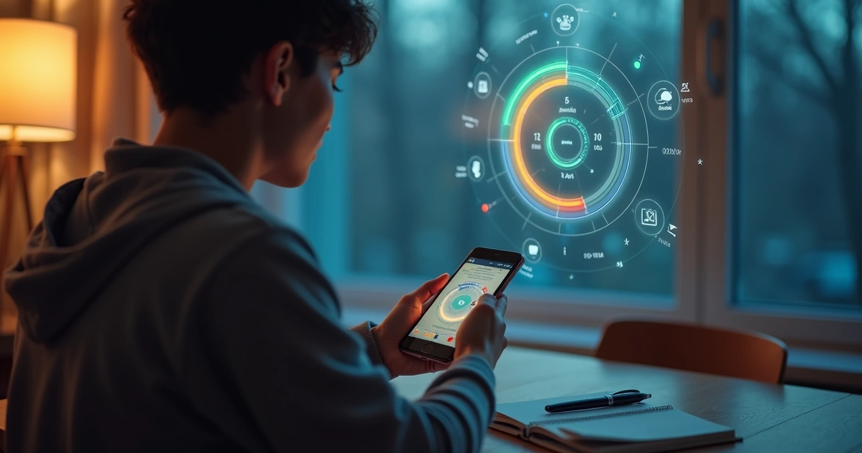 Jovem olhando para smartphone com tela exibindo mapa colorido de emoções 