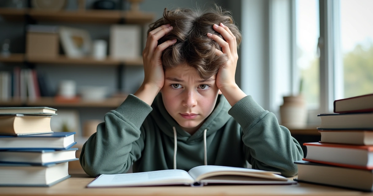 Jovem sentado em frente a mesa de estudos com expressão de ansiedade