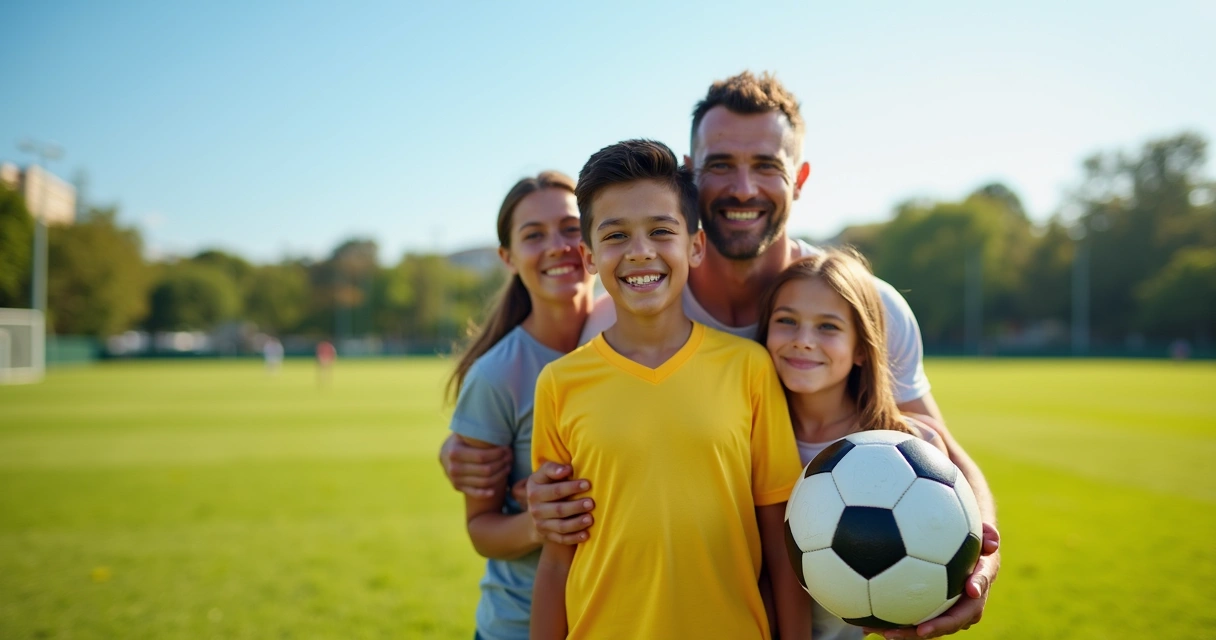 Jovem atleta sorridente com família ao lado em campo de futebol 
