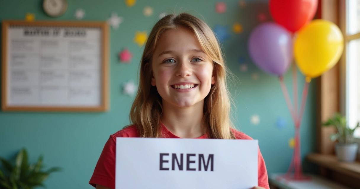 Jovem sorrindo segurando exame do ENEM preenchido