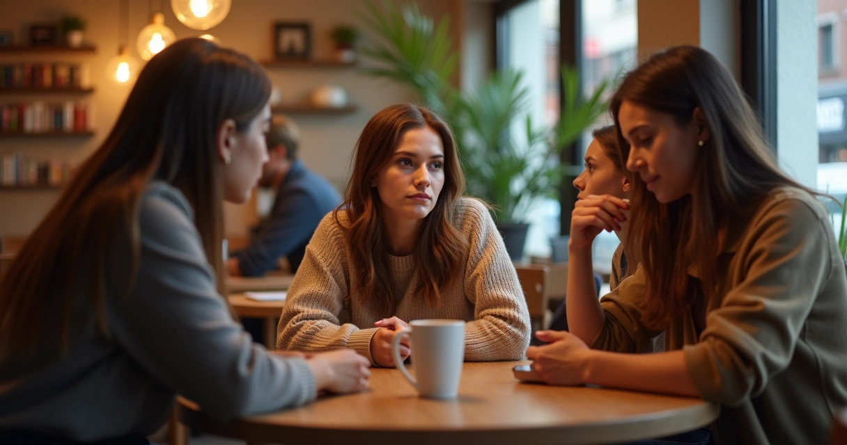 Jovem mulher sentada entre amigas distraídas mexendo no celular em cafeteria 