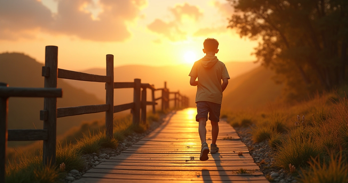 Jovem caminhando em um trilho com obstáculos superados atrás