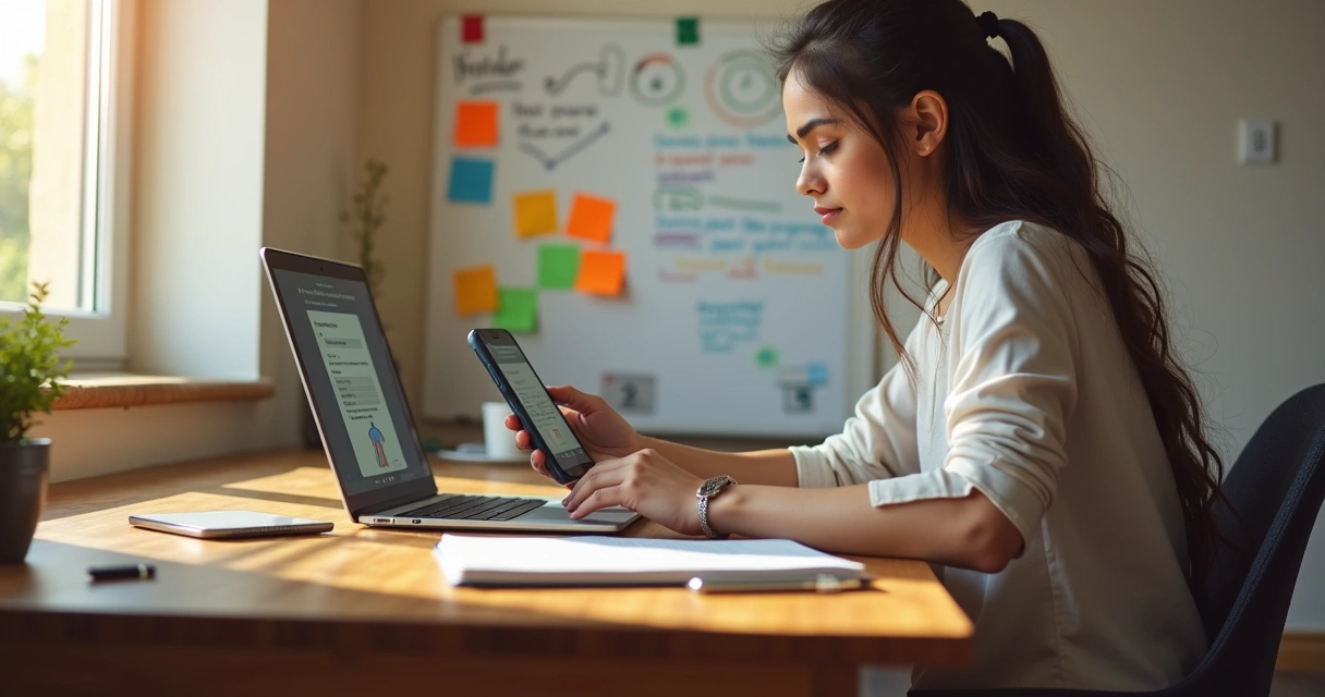 Jovem sentado à mesa com laptop e smartphone, planejando o dia para vencer a procrastinação 