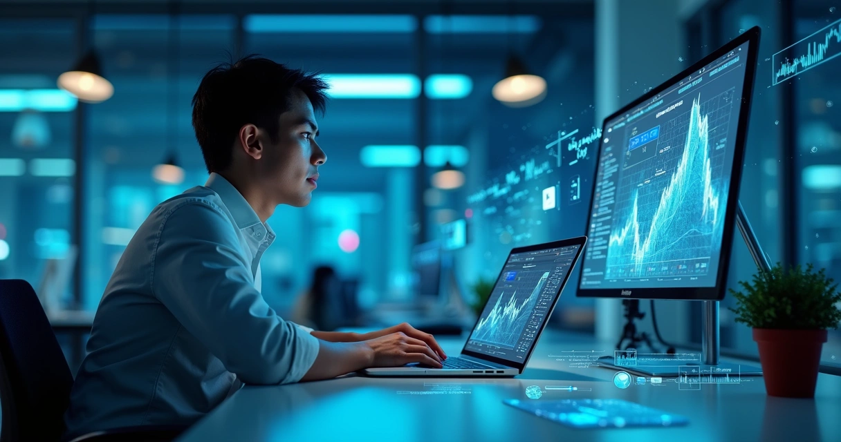 Jovem profissional utilizando laptop com gráficos de inteligência artificial ao fundo 