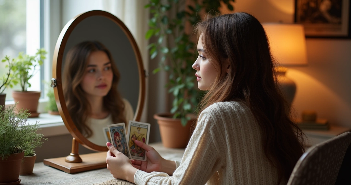 Jovem olhando para um espelho segurando cartas de tarot 