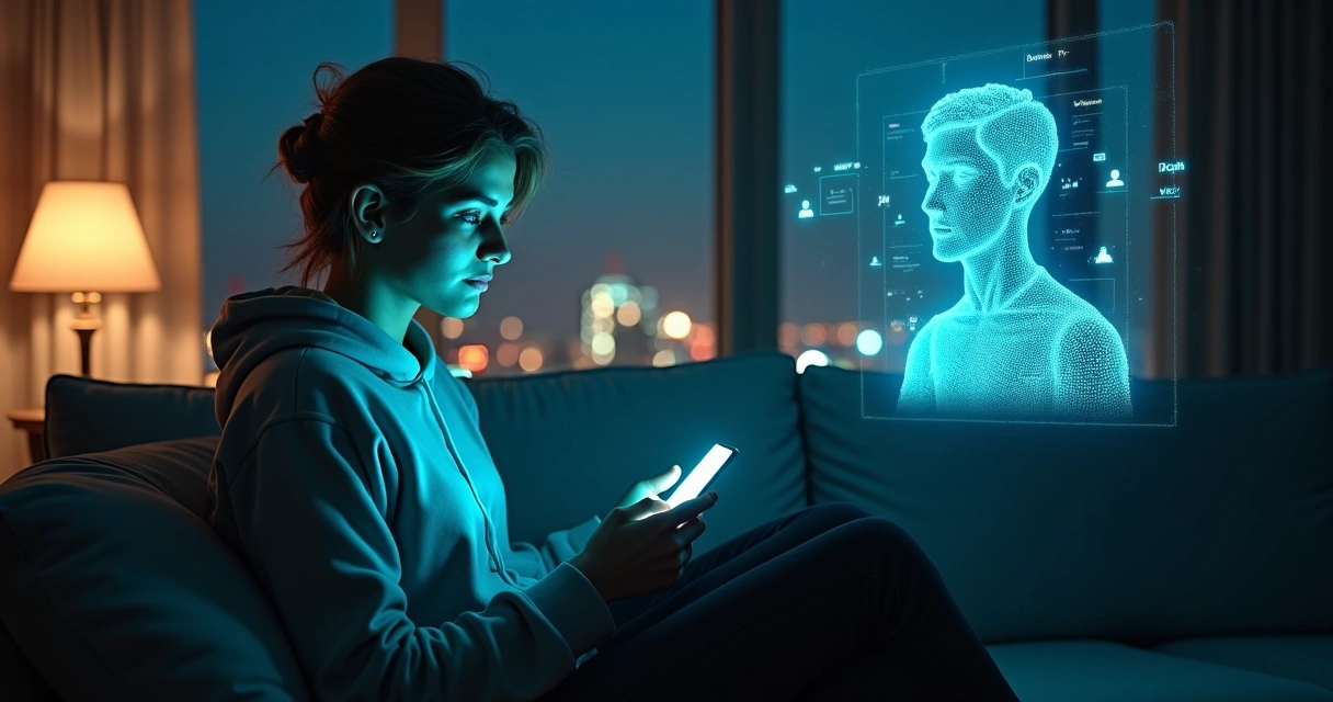 Pessoa jovem segurando smartphone enquanto observa um reflexo digital de si mesma 