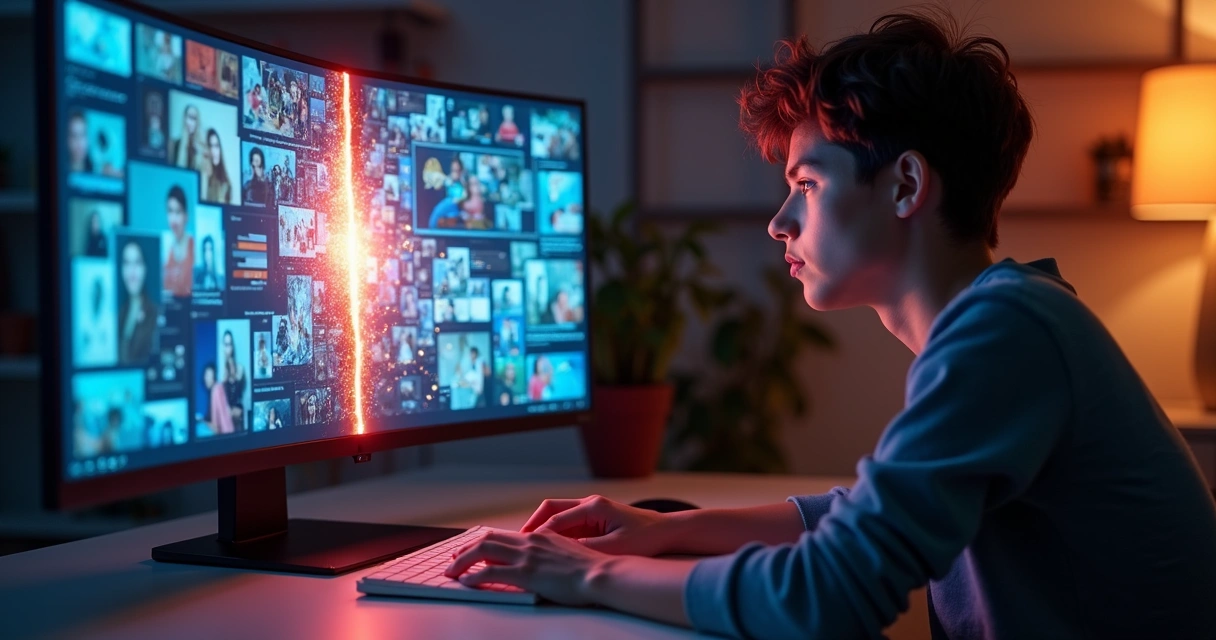 Jovem atento diante de tela digital fragmentada com ícones de redes sociais 