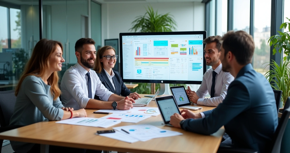 Equipe observando gráficos de vendas e dados de clientes em monitores