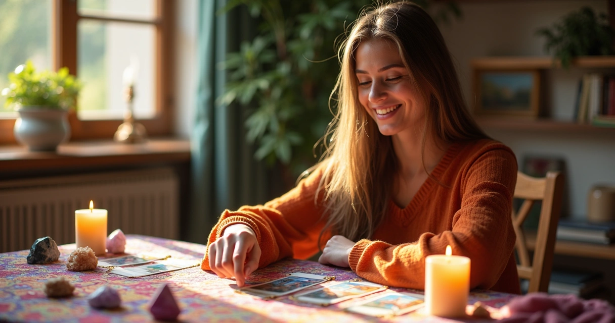 Jovem sorrindo tirando carta de tarot em mesa colorida 