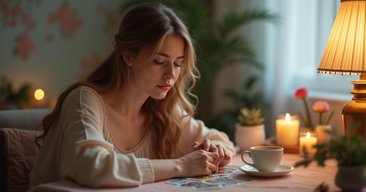 Jovem mulher embaralhando cartas de tarot com olhos fechados 