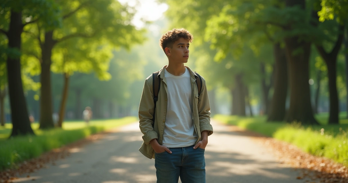 Pessoa jovem em pé, olhando para dois caminhos distintos em um parque