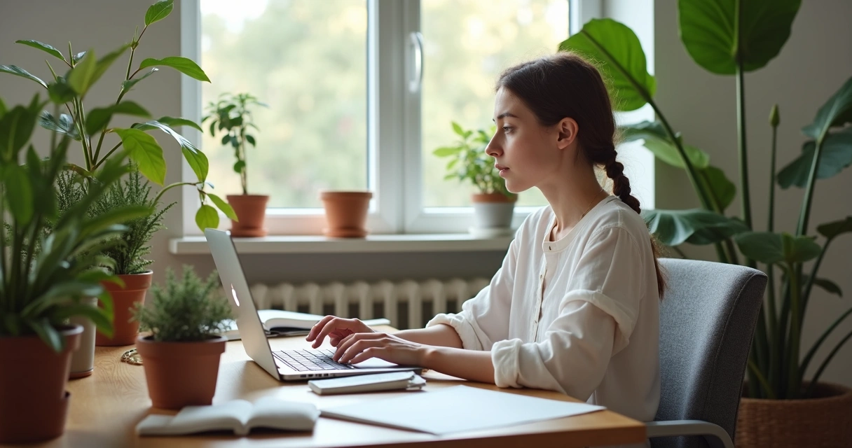 Jovem utilizando notebook em home office, plantas ao fundo, luz natural e postura relaxada