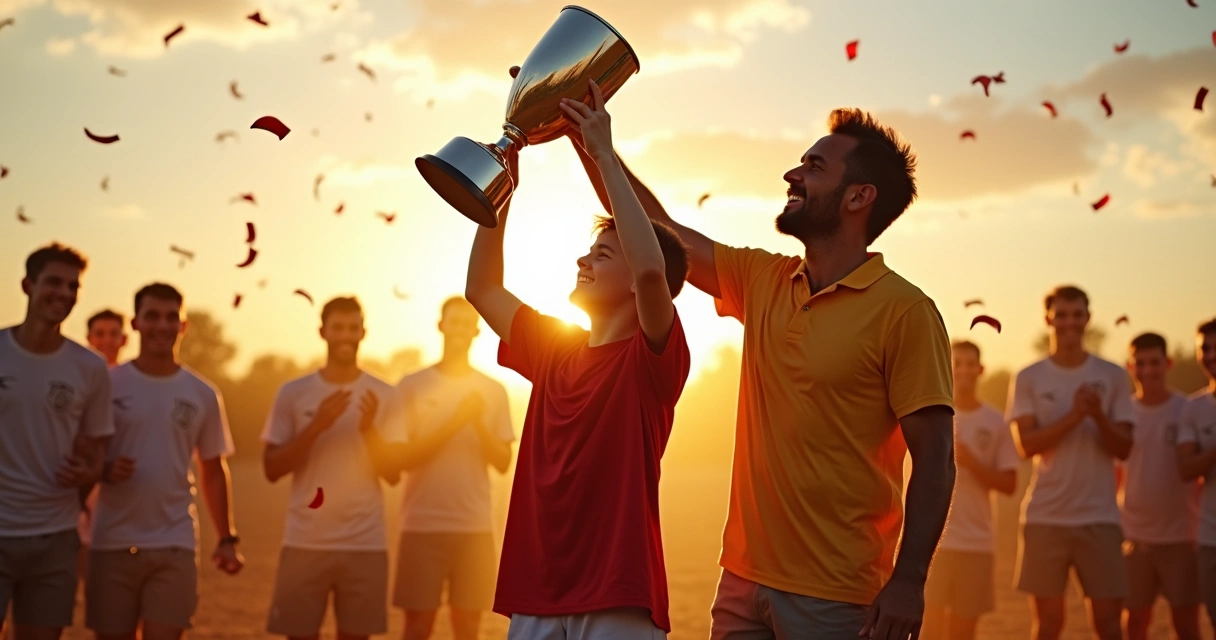 Jovem erguendo troféu com pai sorrindo ao lado 