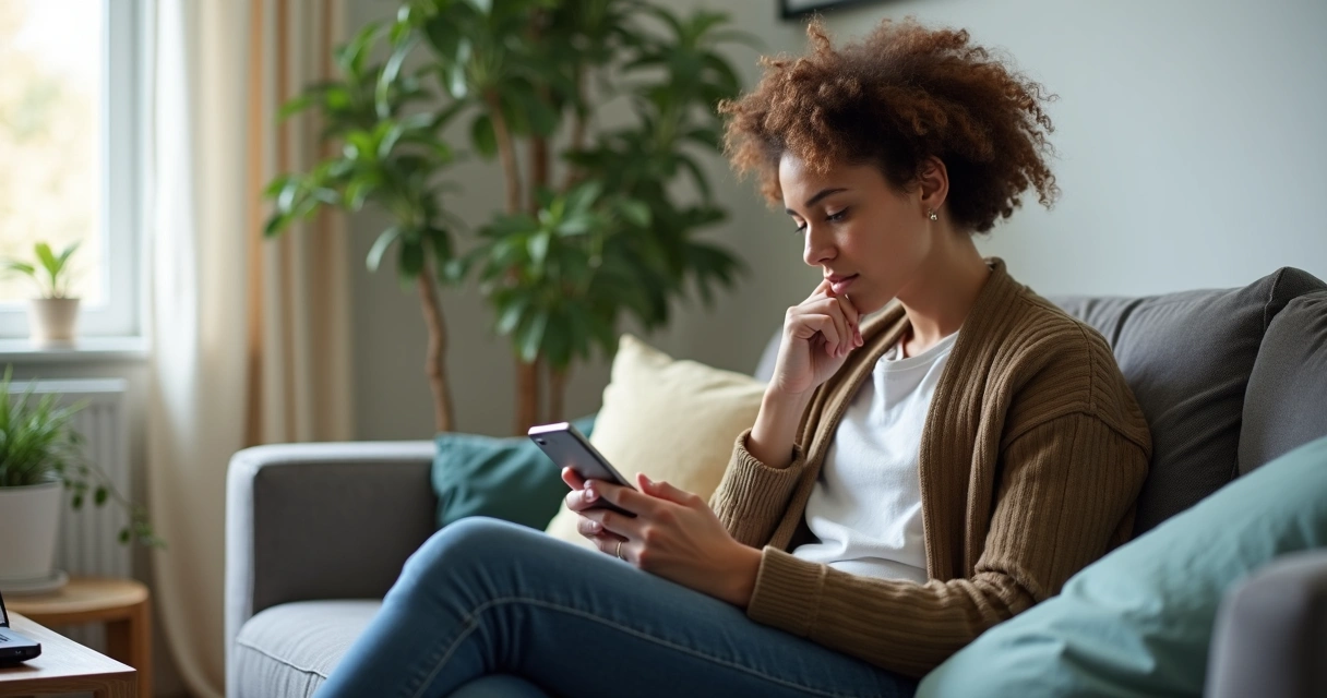Pessoa jovem olhando para o celular com expressão reflexiva em uma sala de estar.