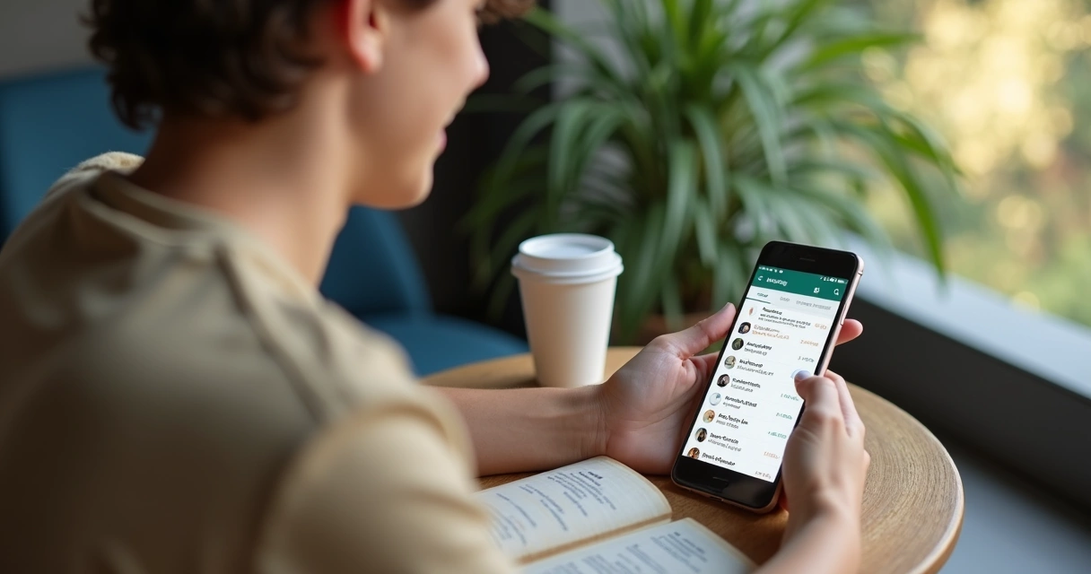 Jovem sentado olhando celular com tela do WhatsApp aberta com mensagens sobre emprego 