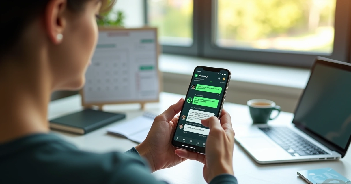 Jovem segurando celular com tela do WhatsApp aberta, procurando vagas de emprego em ambiente moderno e iluminado 