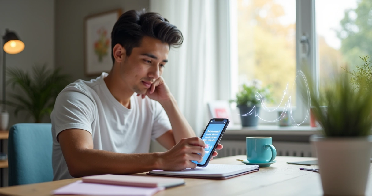 Jovem concentrado usando aplicativo no celular para superar procrastinação e ativar motivação 