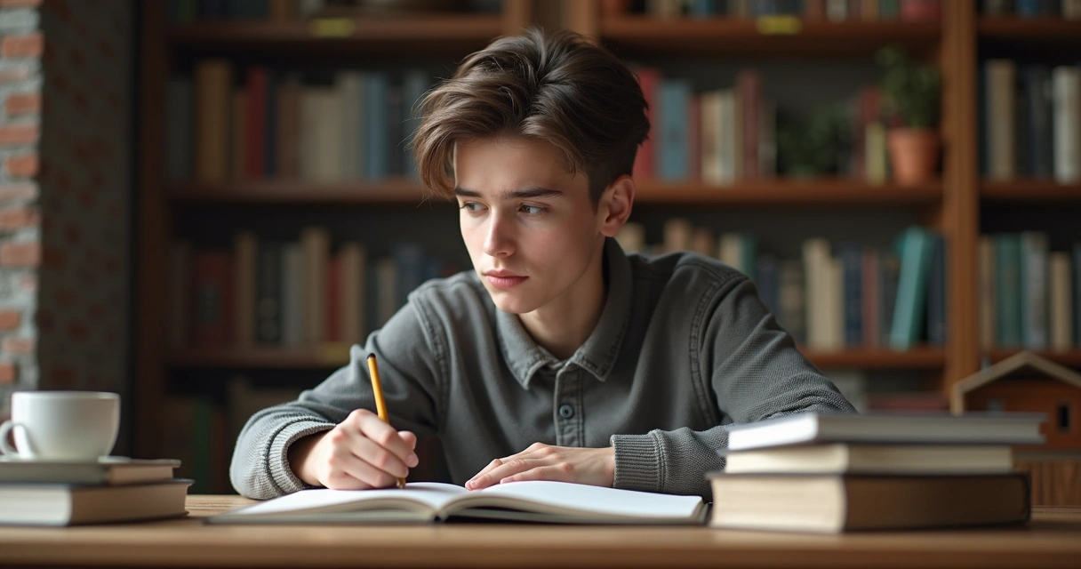 Joven sentado reflexionando con un cuaderno y bolígrafo sobre valores personales