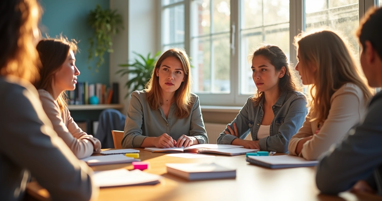 Joven dialogando en grupo de estudio en aula