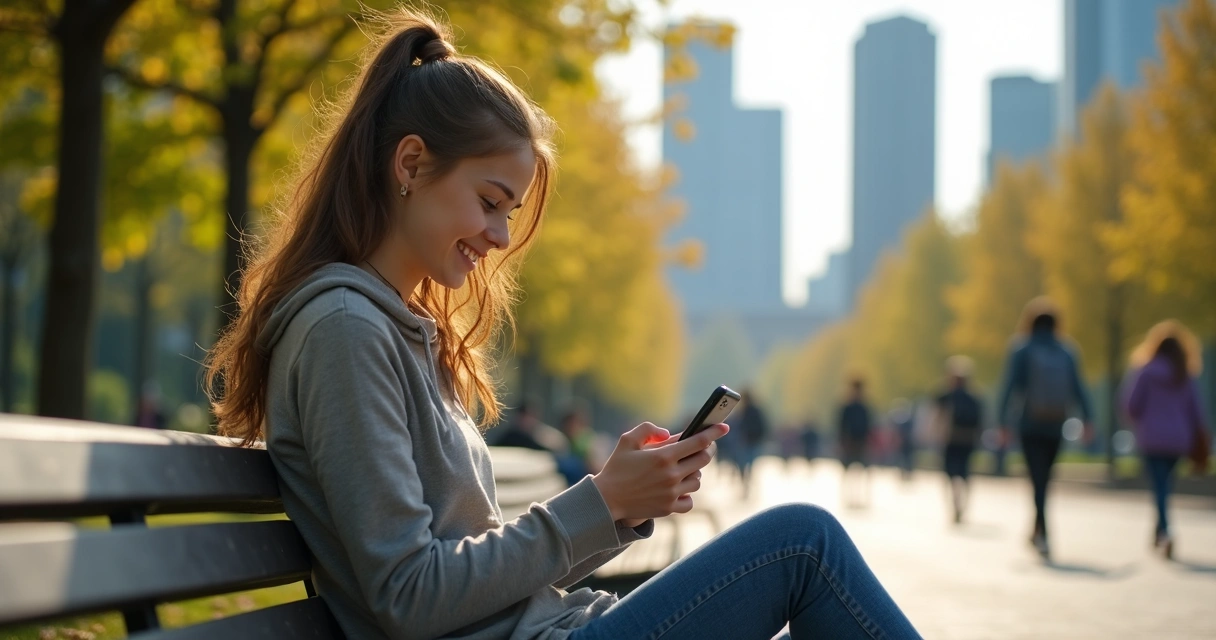 Joven usando un teléfono móvil sentado en un parque urbano