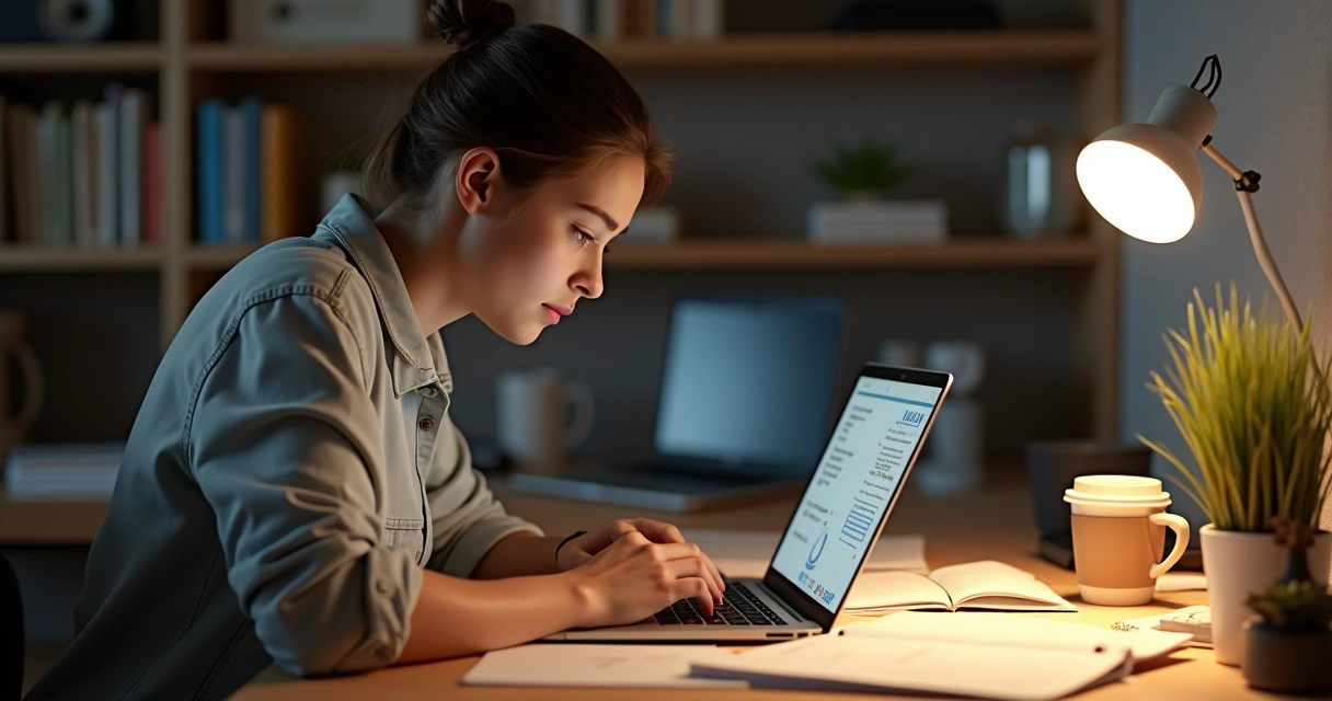 Joven leyendo la pantalla de una computadora portátil 