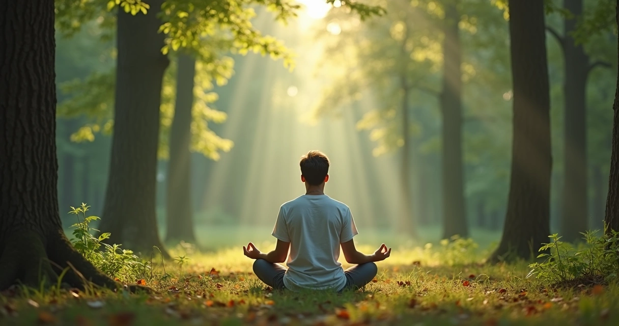 Joven meditando en la naturaleza rodeado de árboles 