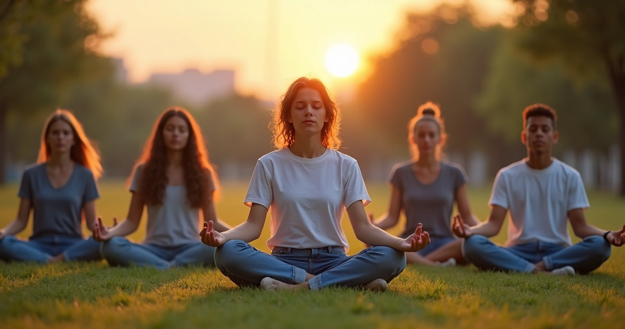 Joven sentado meditando al aire libre al atardecer 