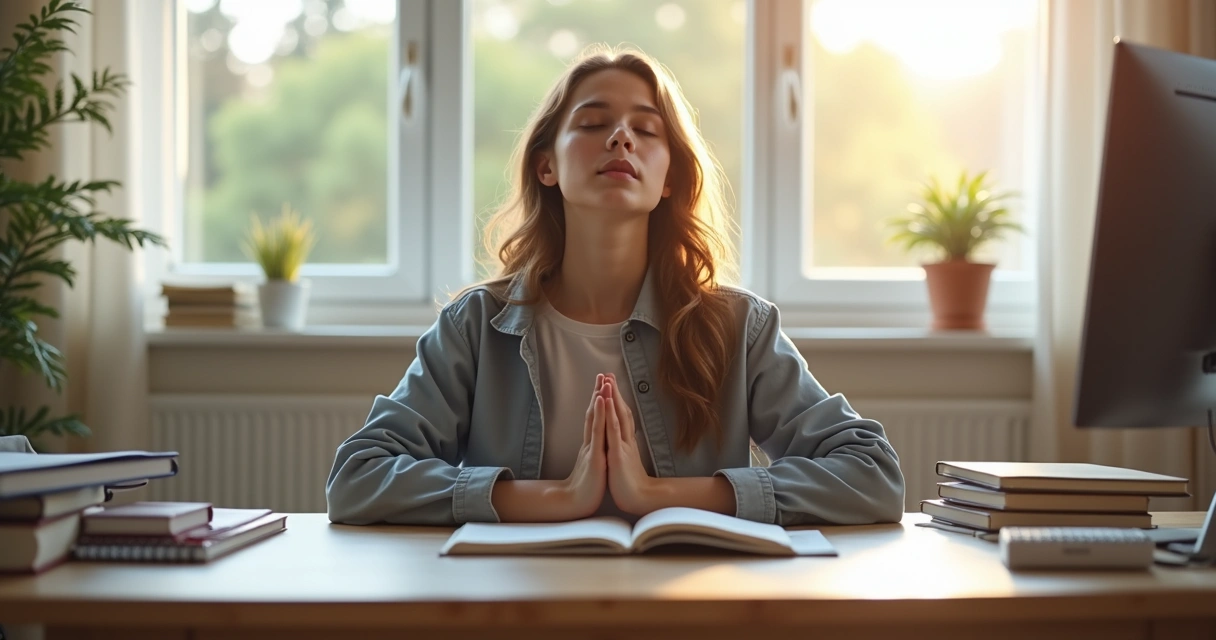 Adolescente meditando con los ojos cerrados en su escritorio de estudio 