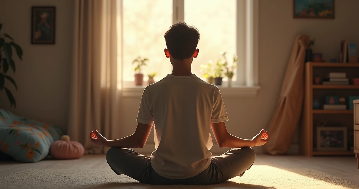 Joven en actitud tranquila practicando meditación en su cuarto al atardecer 