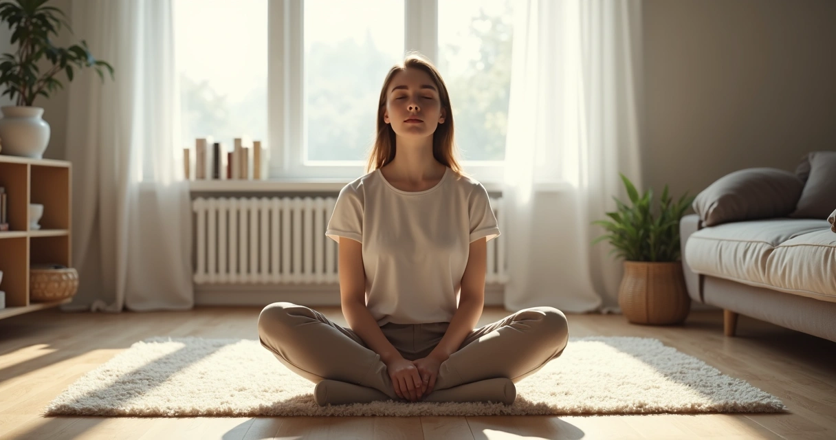 Joven sentado practicando meditación en una sala luminosa 