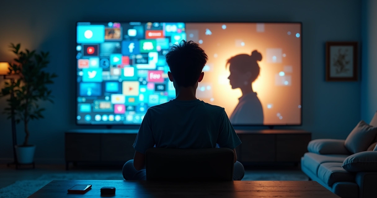 Joven frente a una gran pantalla dividida entre caos digital y calma interior 