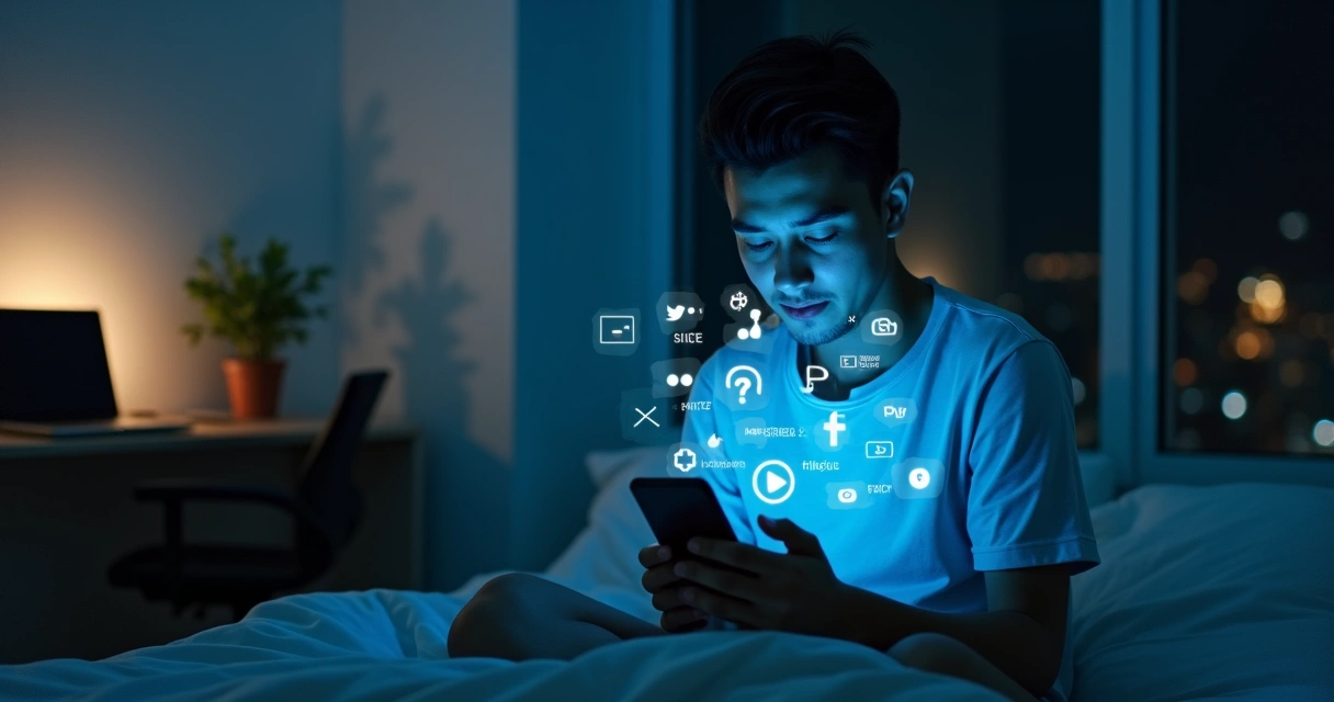 Joven mirando el móvil rodeado de iconos de redes sociales en una habitación oscura 