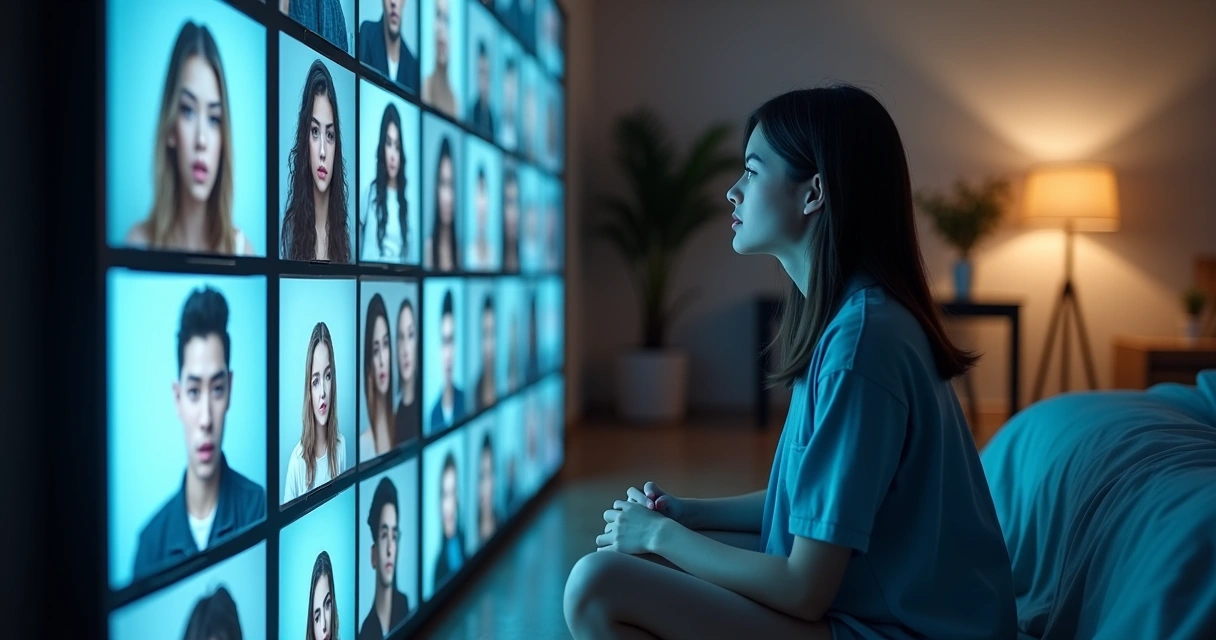 Joven mirando su reflejo en un espejo hecho de pantallas de redes sociales 