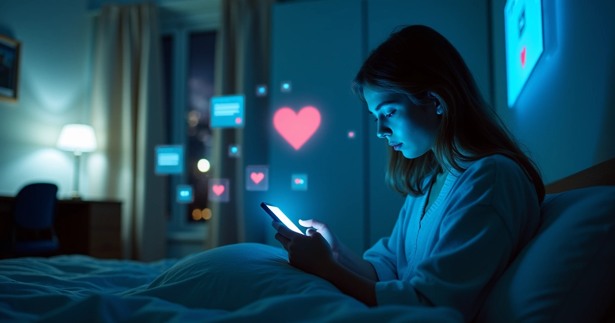 Joven mirando varias pantallas con reflejos de redes sociales en su rostro 