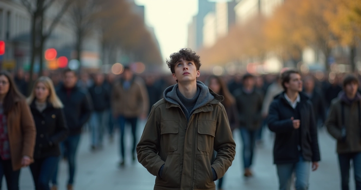 Joven pensando rodeado de multitud desenfocada