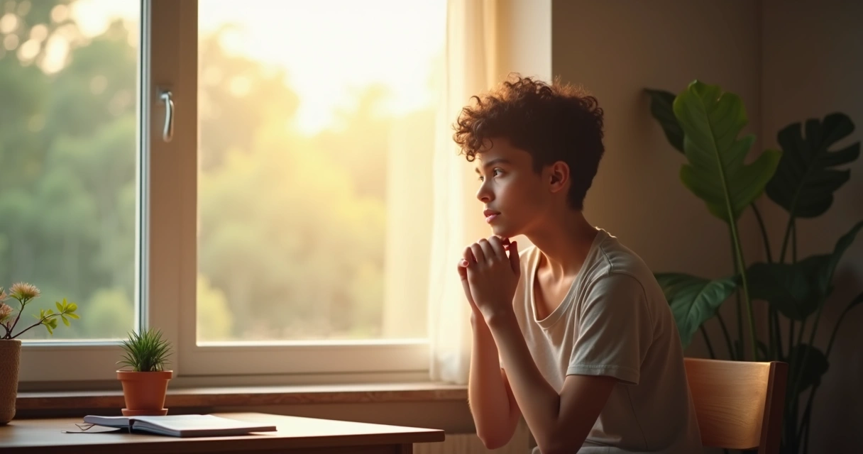 Joven adulto reflexionando solo sentado junto a una ventana con luz natural 