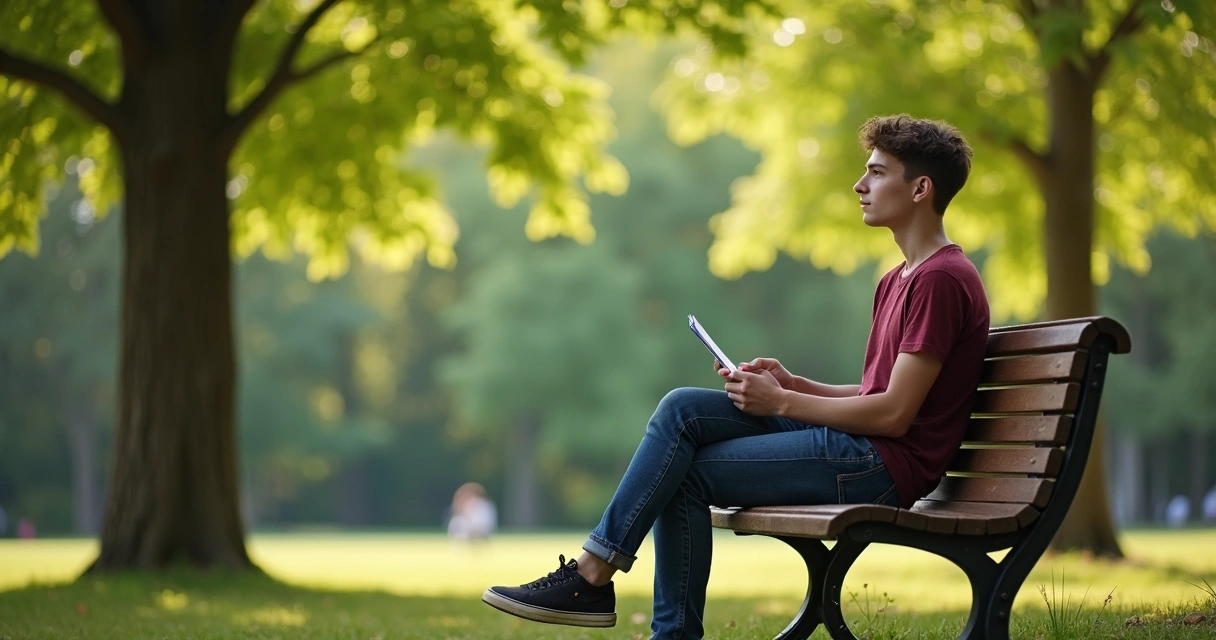 Joven reflexionando sentado en un banco rodeado de naturaleza 