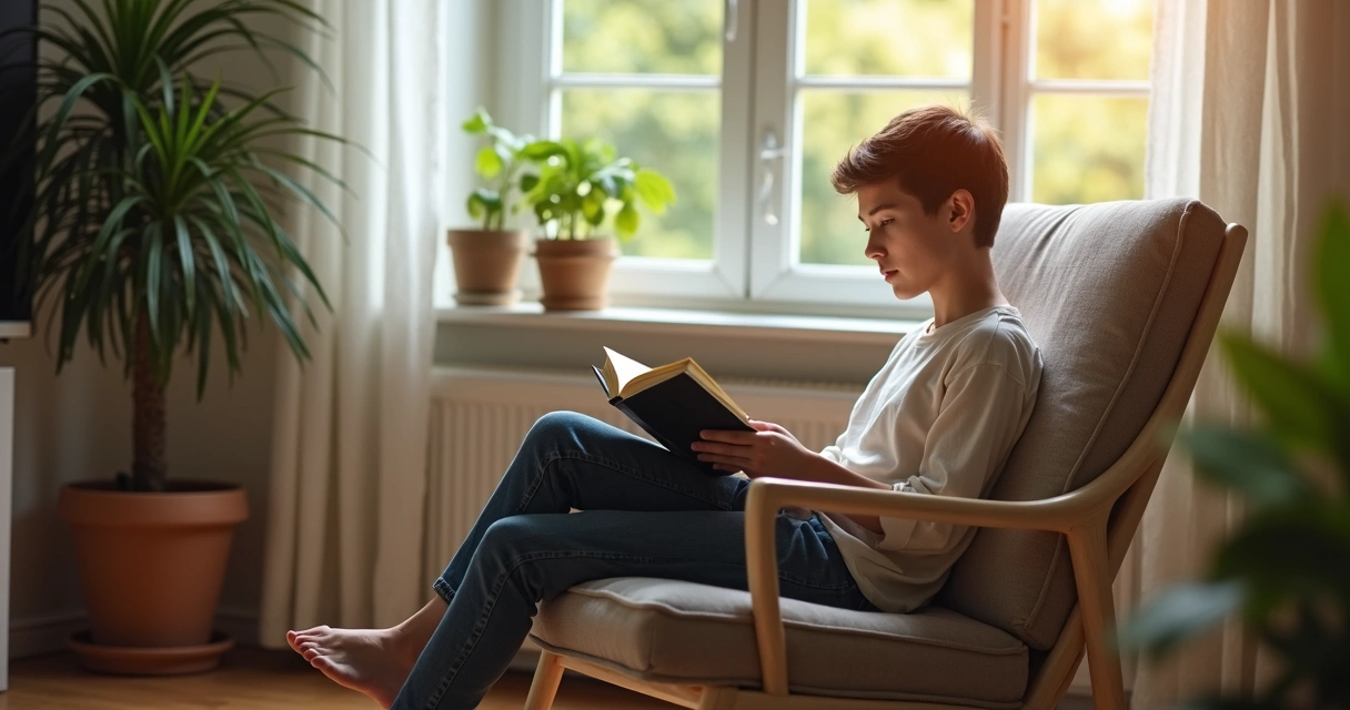 Persona joven sentada en un sillón leyendo un libro en un entorno cálido y acogedor