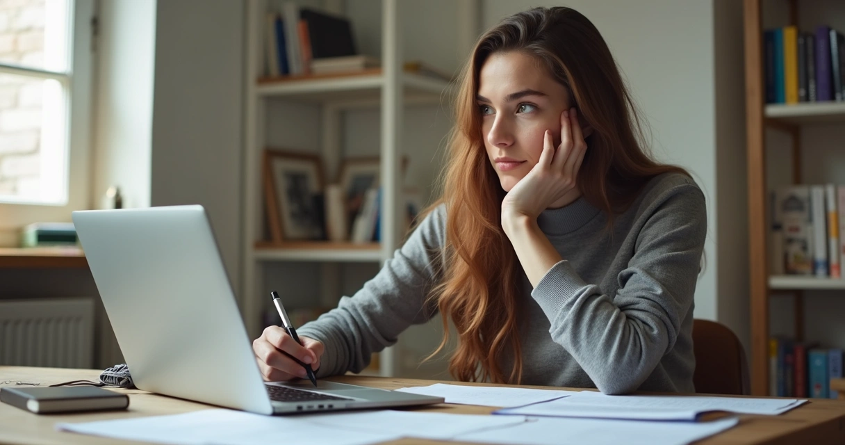 Joven pensativo sentado con documentos y laptop, evaluando opciones laborales 