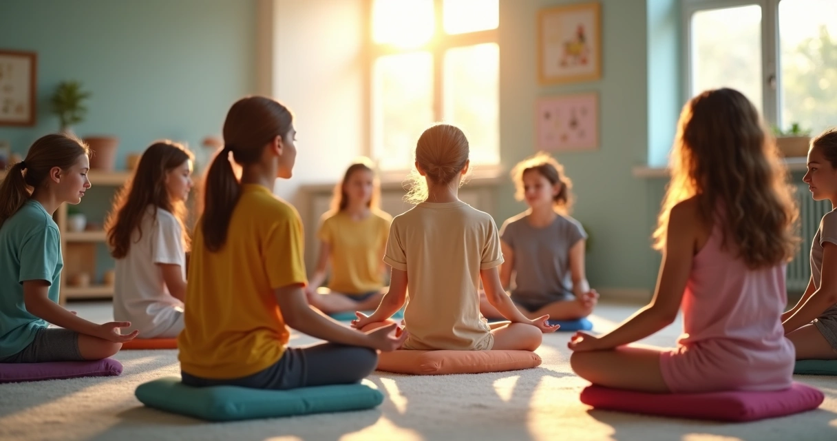 Adolescentes sentados en círculo practicando meditación juntos 