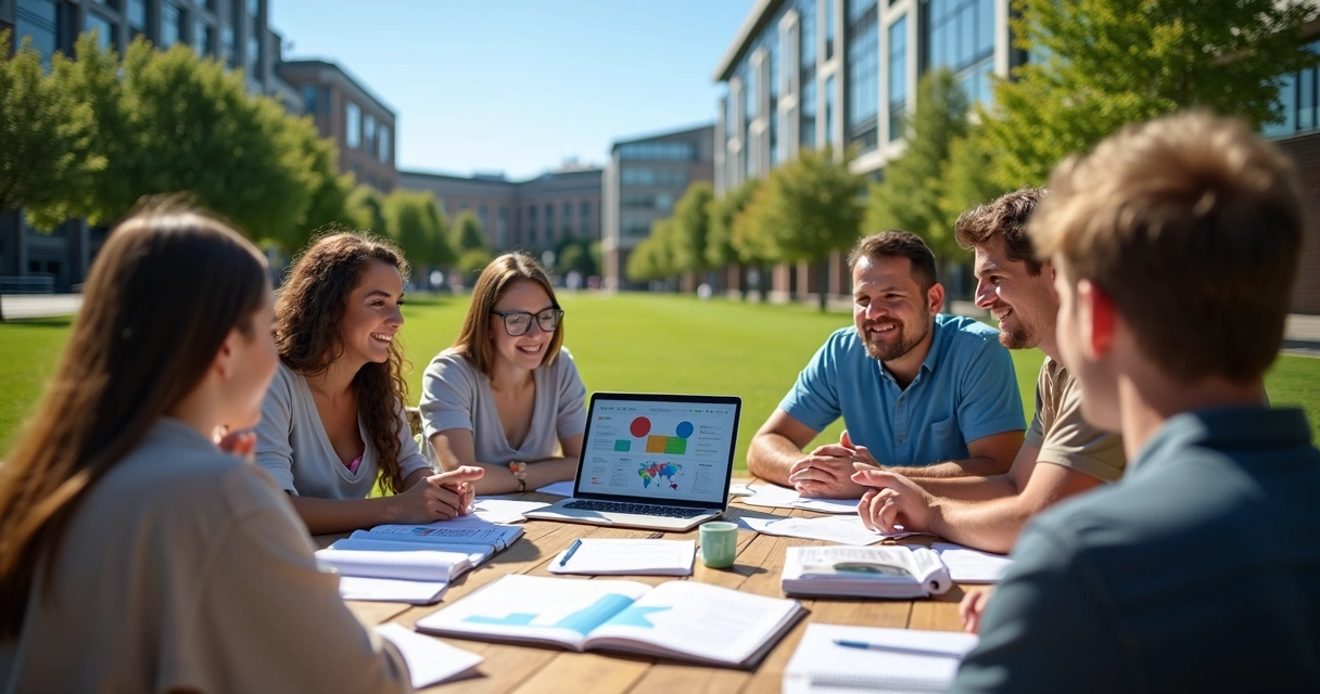 Grupo de jovens analisando dados em campus universitário 
