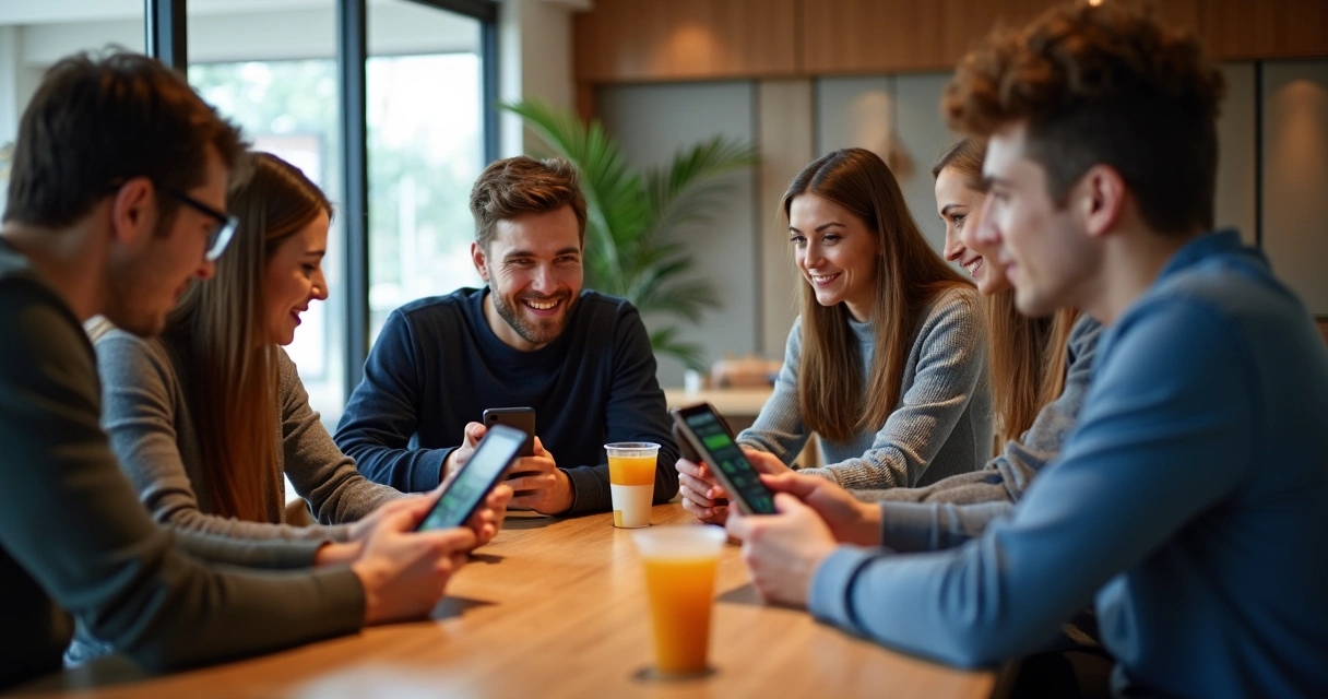 Jovens usando celulares para apostar online em ambiente descontraído. 