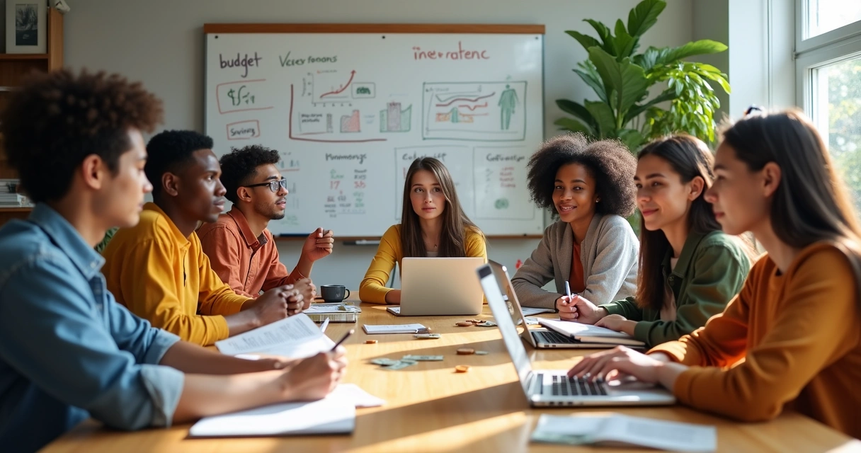 Jovens sentados ao redor de uma mesa estudando finanças pessoais com cadernos, calculadoras e laptops 