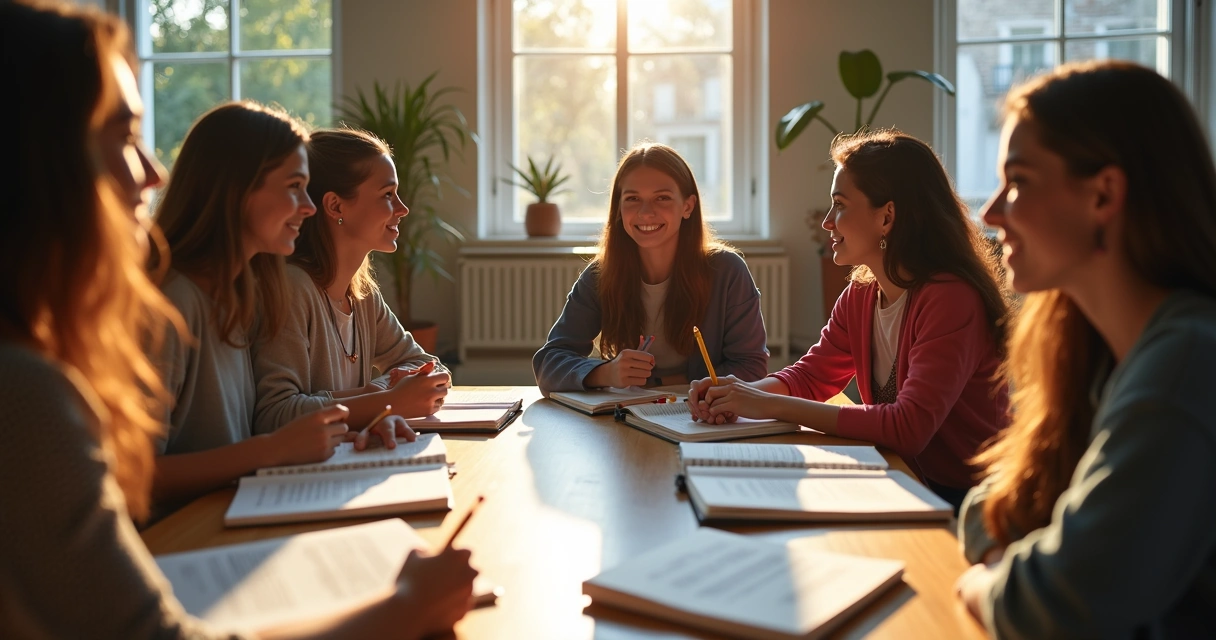 Jovens sentados em roda estudando juntos diferentes idiomas, livros e cadernos abertos 