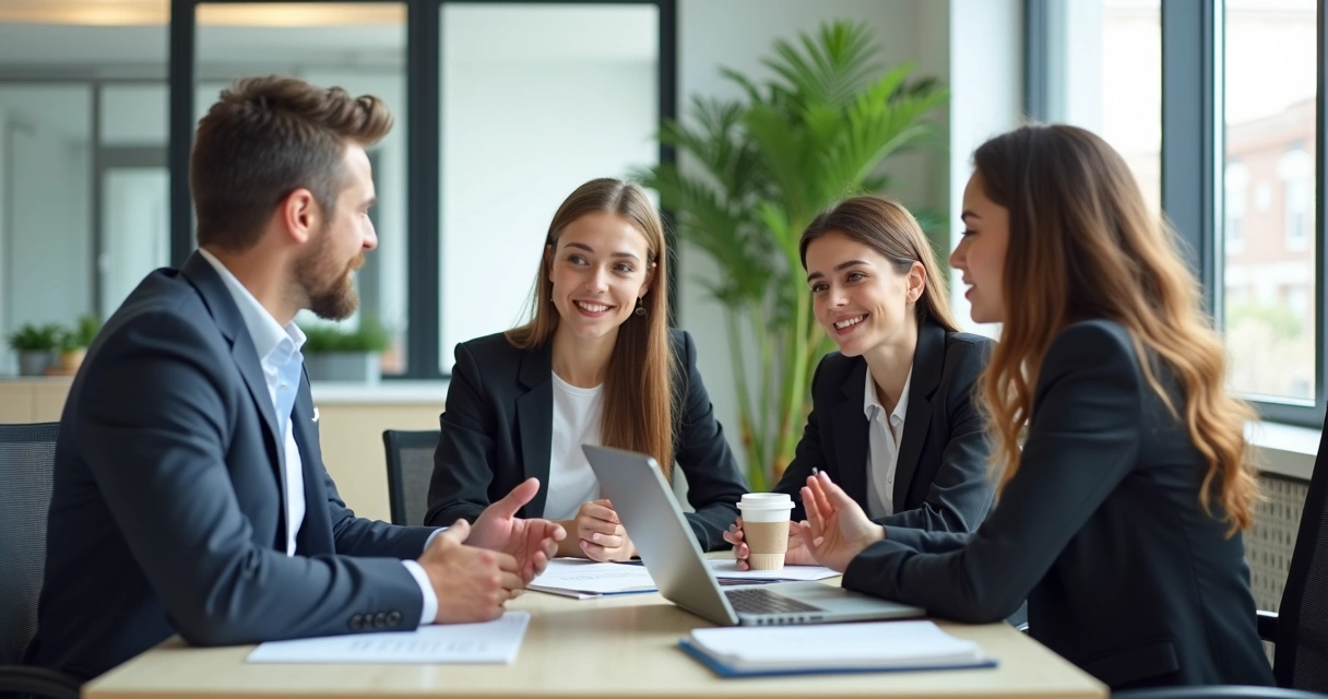 Três estudantes em ambiente corporativo participando de reunião com gestor 